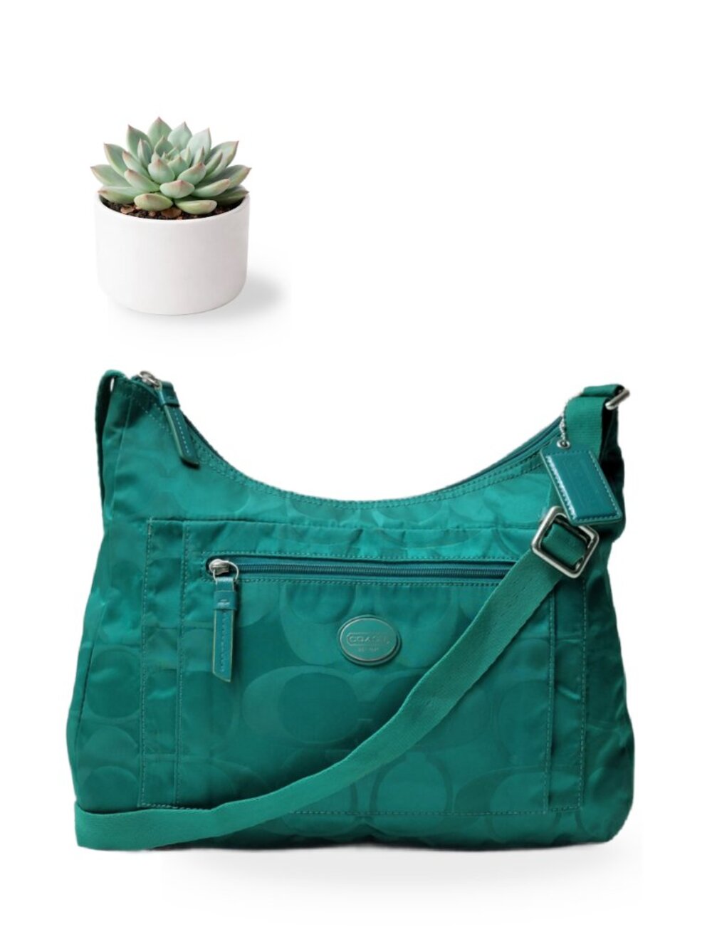 Coach Getaway Signature Coach Nylon Bag Teal Green Hobo Crossbody Shoulde F77369